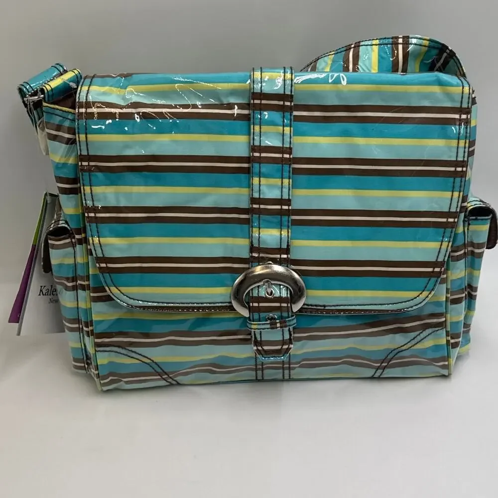 Kalencom Diaper Bag Messenger Turquoise Stripe Laminated Crossbody Set NWT